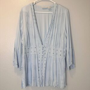 Soft Surroundings Size-L Melissani Tunic Top Blue Embroidered‎ Scalloped Blouse
